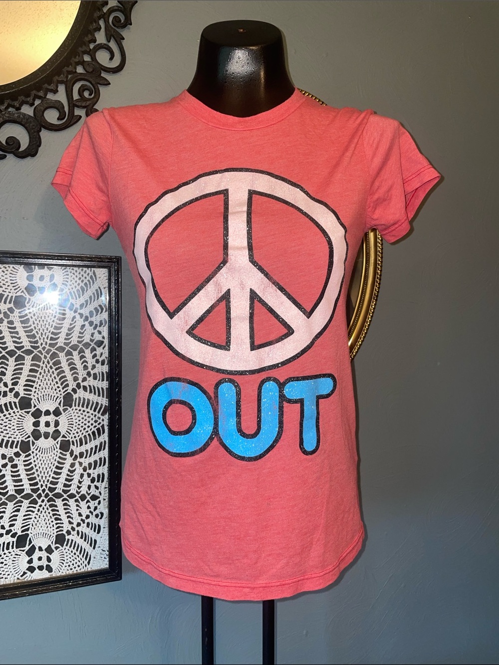Lucky Brand Coral Pink Peace Sign Tee with Blue OUT Letters